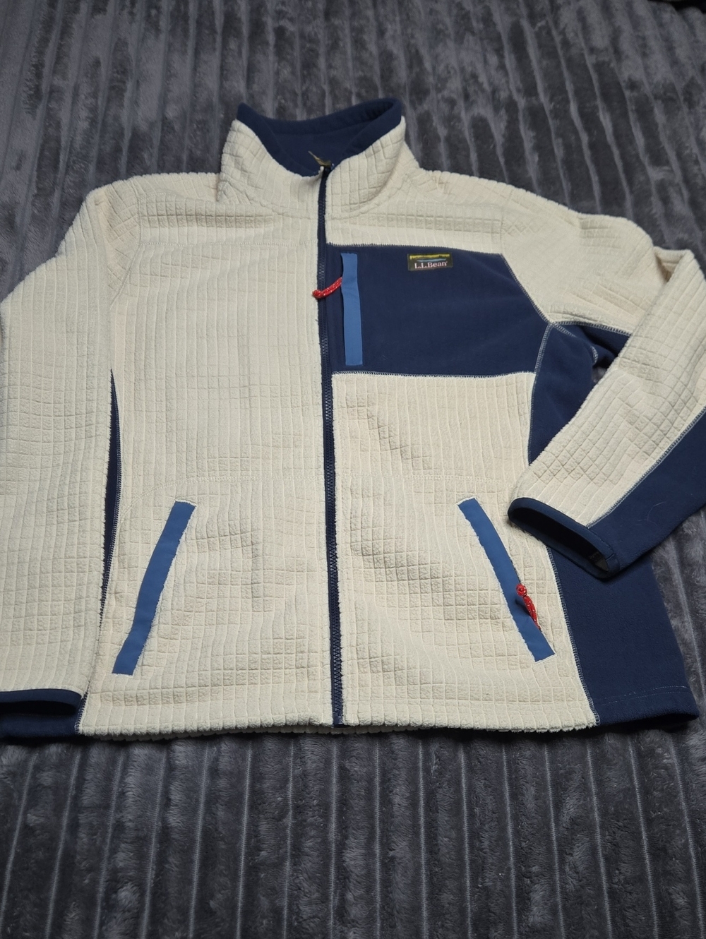 L.L. Bean Cream and Navy Lightweight Windproof Grid Fleece Jacket